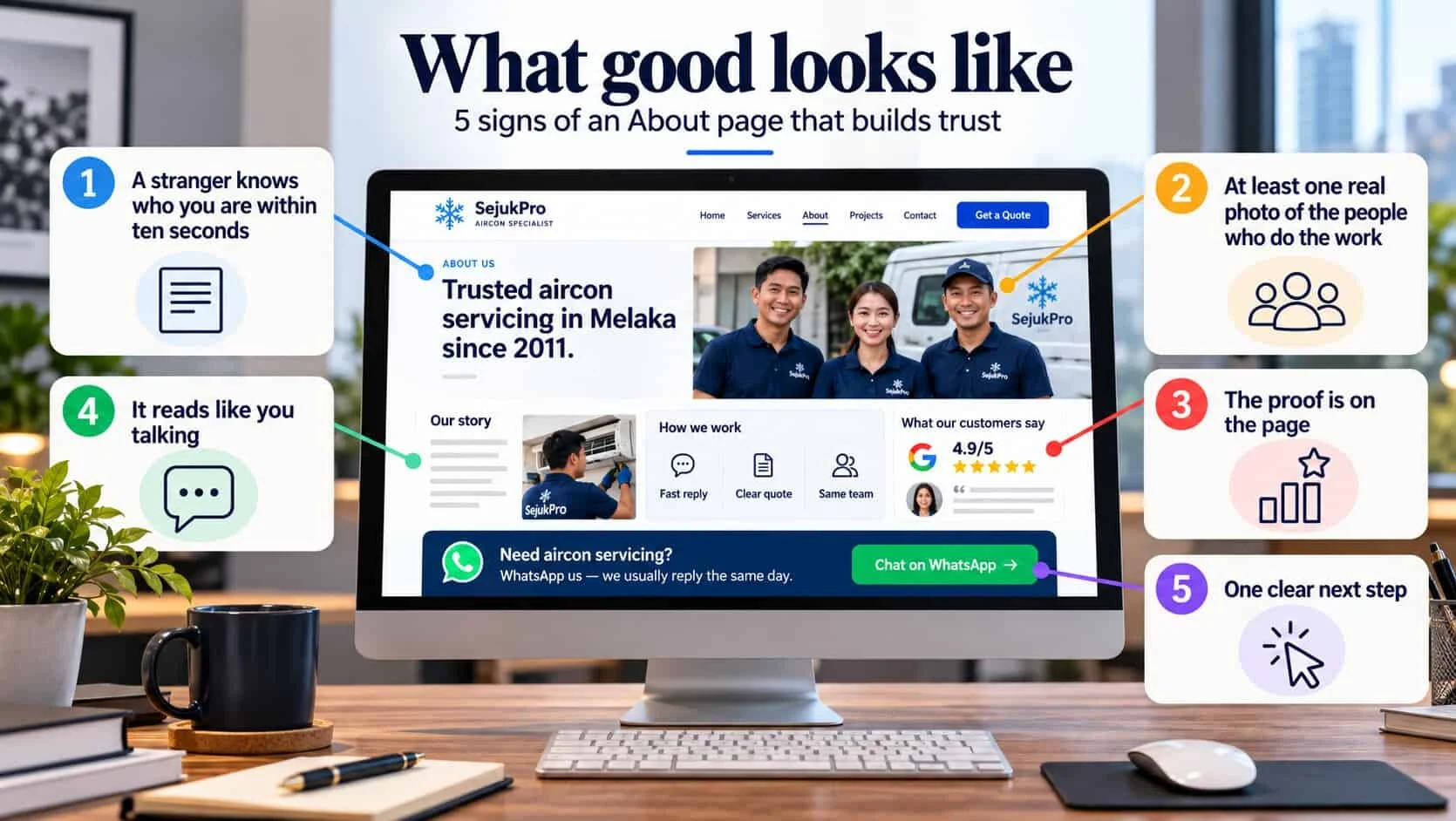 Five signs of an About page that builds trust, shown on an aircon company’s About page: 1 a stranger knows who you are within ten seconds from the headline Trusted aircon servicing in Melaka since 2011, 2 a real photo of the team, 3 proof with a 4.9/5 Google rating and a customer review, 4 an Our story section that reads like you talking, 5 one clear next step with a Chat on WhatsApp button