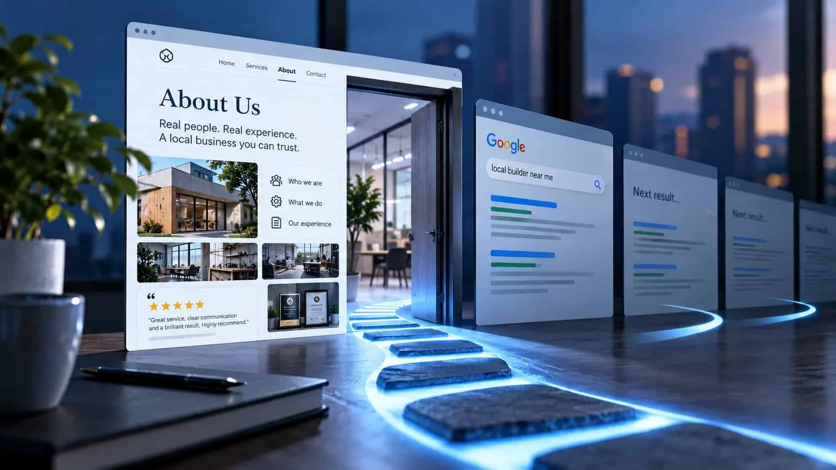 A small business About Us page reading “Real people. Real experience. A local business you can trust.” with photos of real work, a five-star review and certificates, shown as an open door, beside a Google search for local builder near me and a row of next results the visitor skips