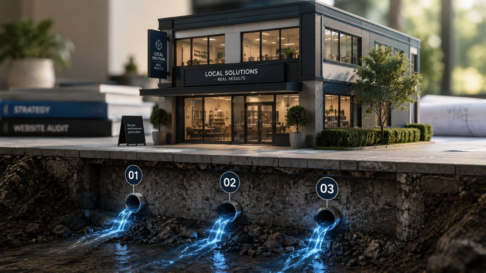 Cutaway model of a small business storefront with three numbered pipes leaking glowing blue water beneath the pavement, showing where website enquiries drain away before they reach the business