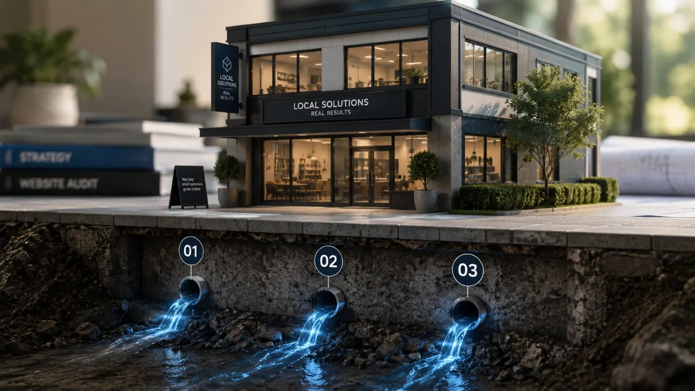 Cutaway model of a small business storefront with three numbered pipes leaking glowing blue water beneath the pavement, showing where website enquiries drain away before they reach the business