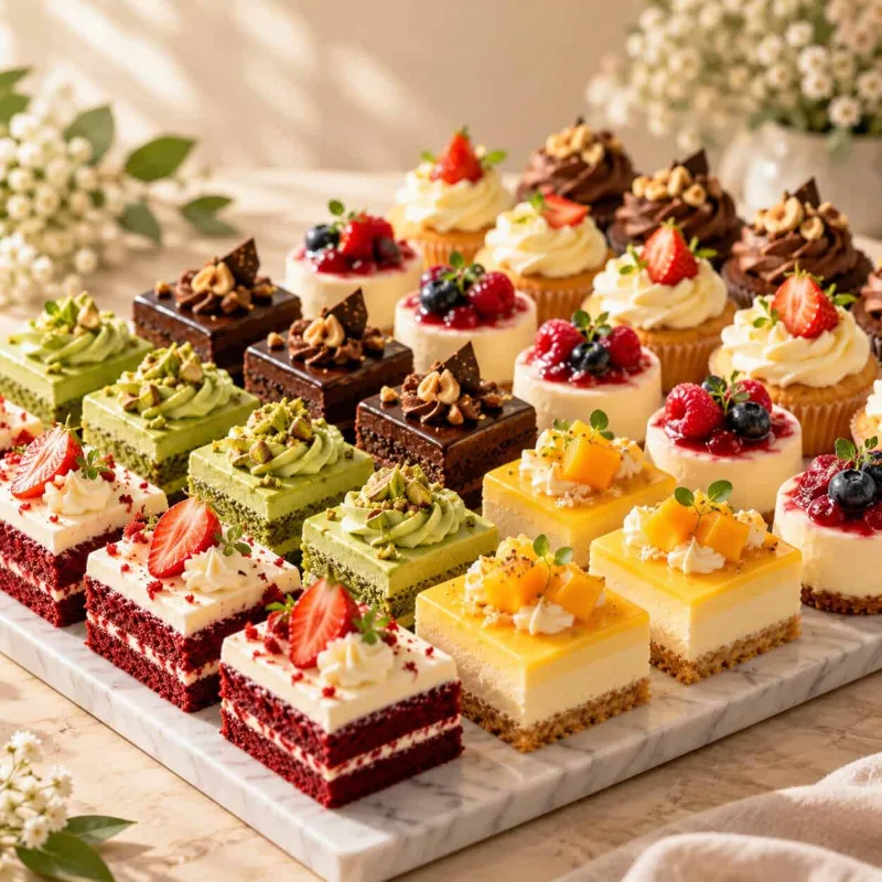 Platter of mini red velvet, pistachio, chocolate, mango cheesecake slices and cupcakes