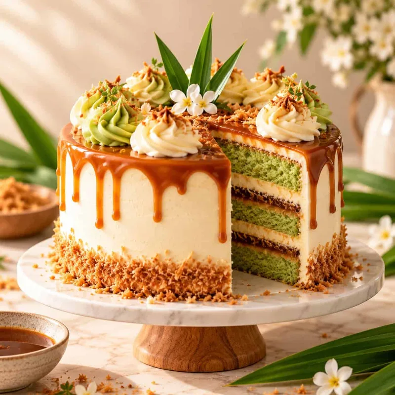 Pandan layer cake with gula Melaka caramel drip and toasted coconut, one slice cut