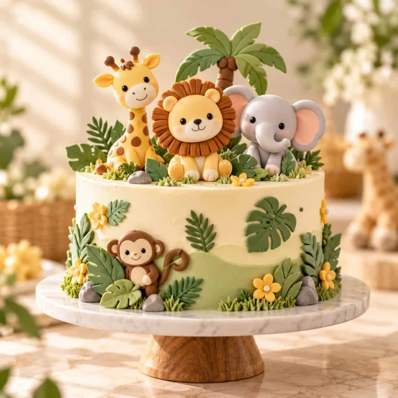 Kids’ jungle safari cake with fondant lion, giraffe, elephant and monkey