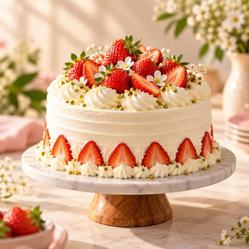 Fresh cream cake topped and lined with sliced strawberries