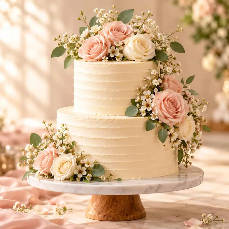 Two-tier ivory buttercream wedding cake with pink and cream roses