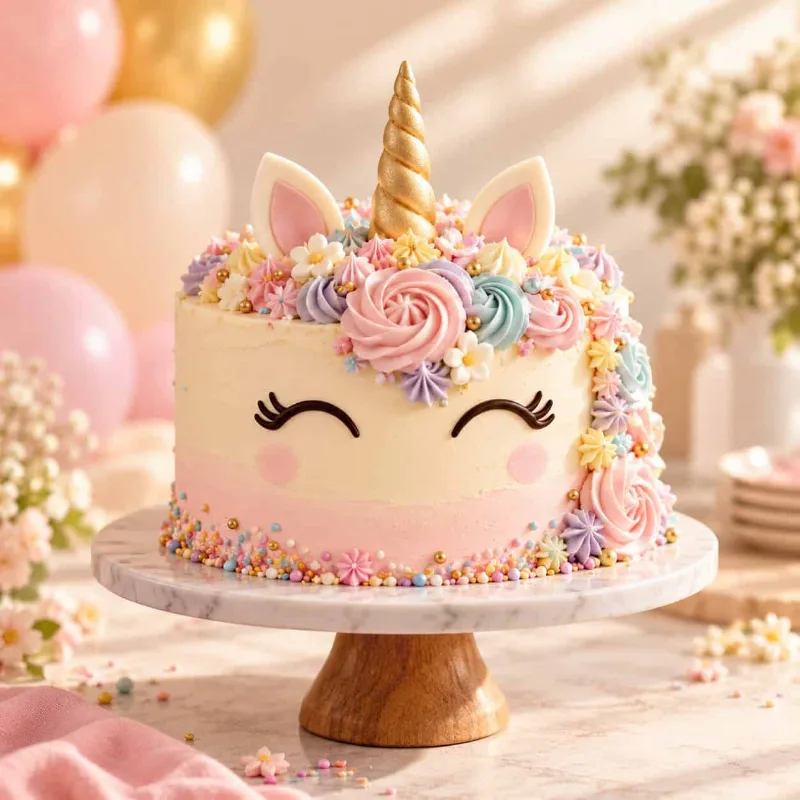 Unicorn birthday cake with a gold horn and pastel buttercream flowers