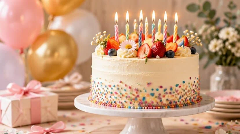 Vanilla birthday cake with candles, strawberries and rainbow sprinkles