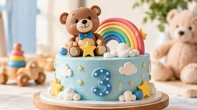 Blue kids’ birthday cake with a fondant teddy bear, rainbow and number 3