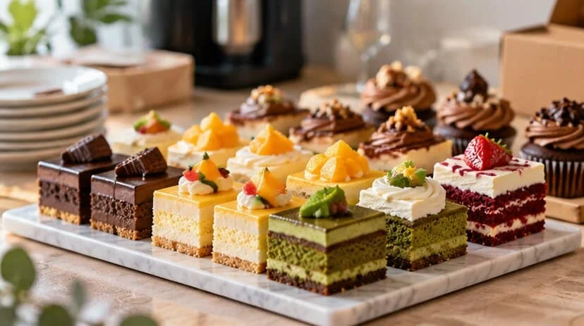 Tray of pandan, mango, chocolate and red velvet cake slices and cupcakes for an office order