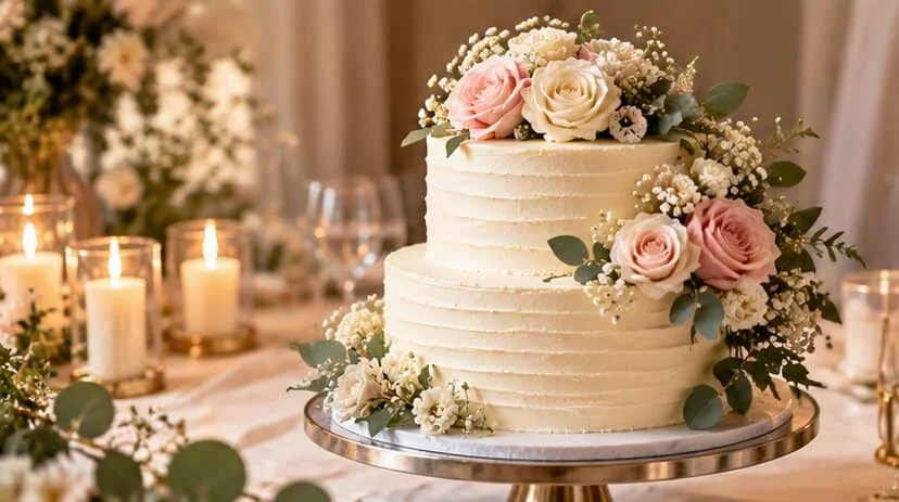 Two-tier ivory wedding cake with pink and cream roses