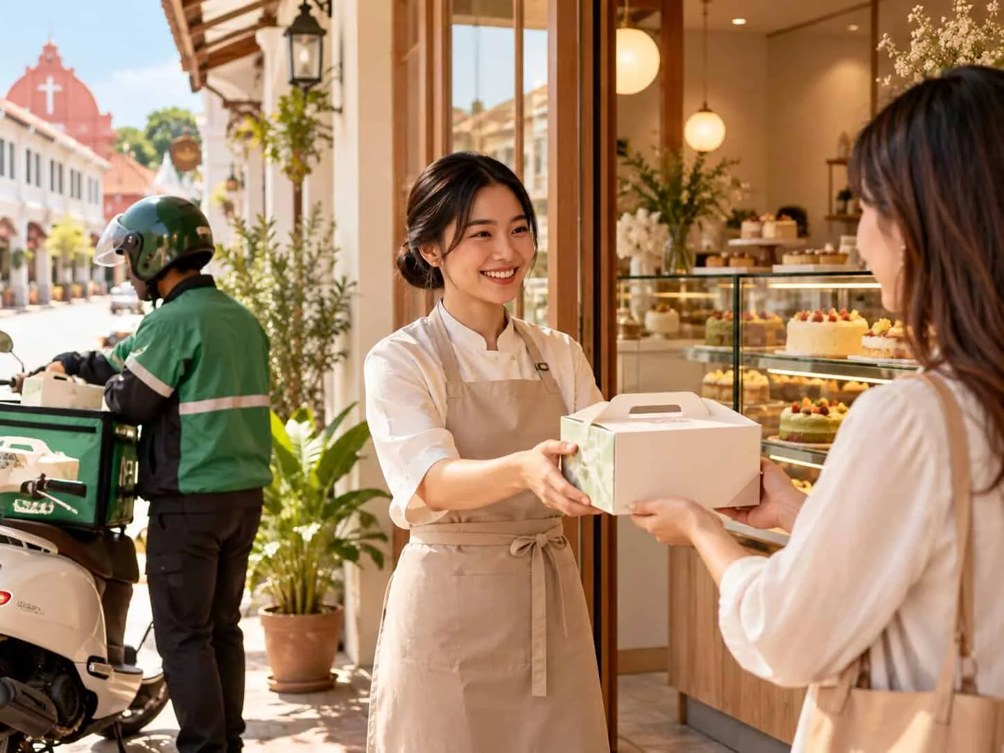 Baker handing a boxed cake to a customer at the shop entrance, with a delivery rider loading cake boxes on a scooter outside