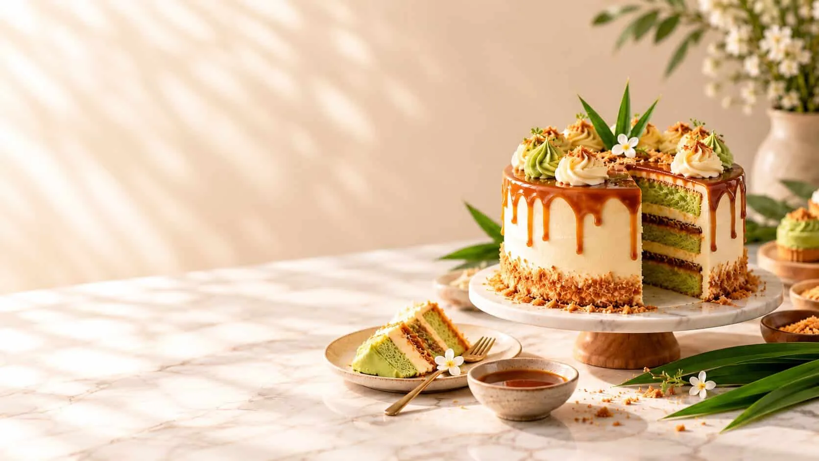 Pandan and gula Melaka caramel layer cake on a marble stand, one slice cut and served, in warm afternoon sunlight