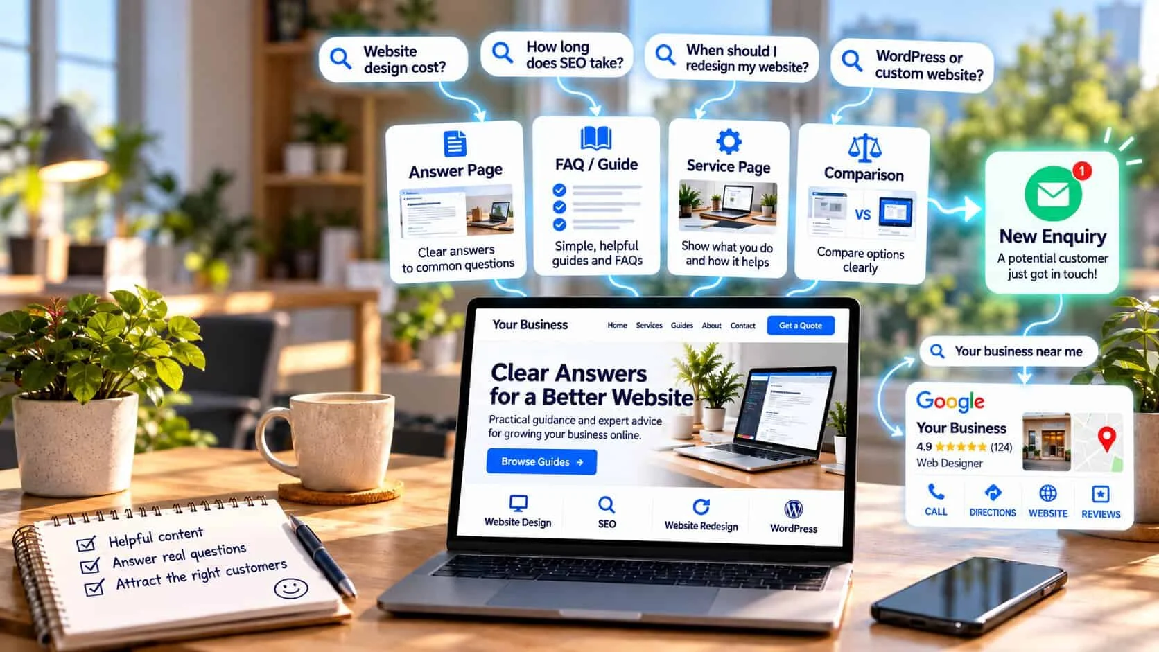 Four questions customers search — website design cost, how long SEO takes, when to redesign, WordPress or custom — each leading to an answer page, FAQ guide, service page or comparison on a small business website, then to a new enquiry; a “near me” search leads to the Google Business Profile instead