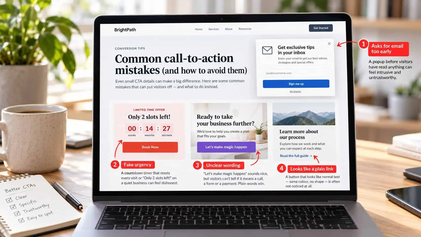 A laptop showing four call-to-action mistakes on a small business website: an email popup before visitors have read anything, a fake countdown timer with Only 2 slots left, an unclear Let’s make magic happen button, and a button that looks like a plain text link