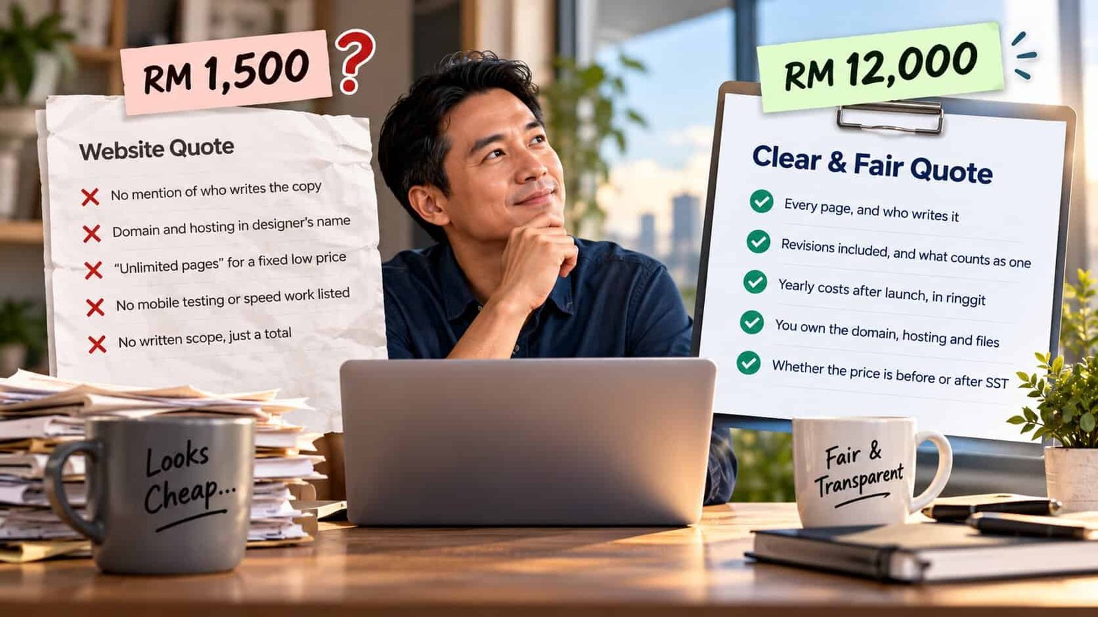 A small business owner comparing two website quotes: an RM 1,500 quote missing copywriting, ownership, testing and a written scope, and an RM 12,000 quote that names every page, revisions, yearly costs, ownership and SST