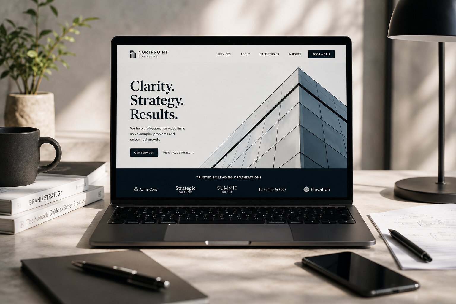 A consulting homepage on a laptop opening with the words clarity, strategy, results, one primary button and a row of client logos below