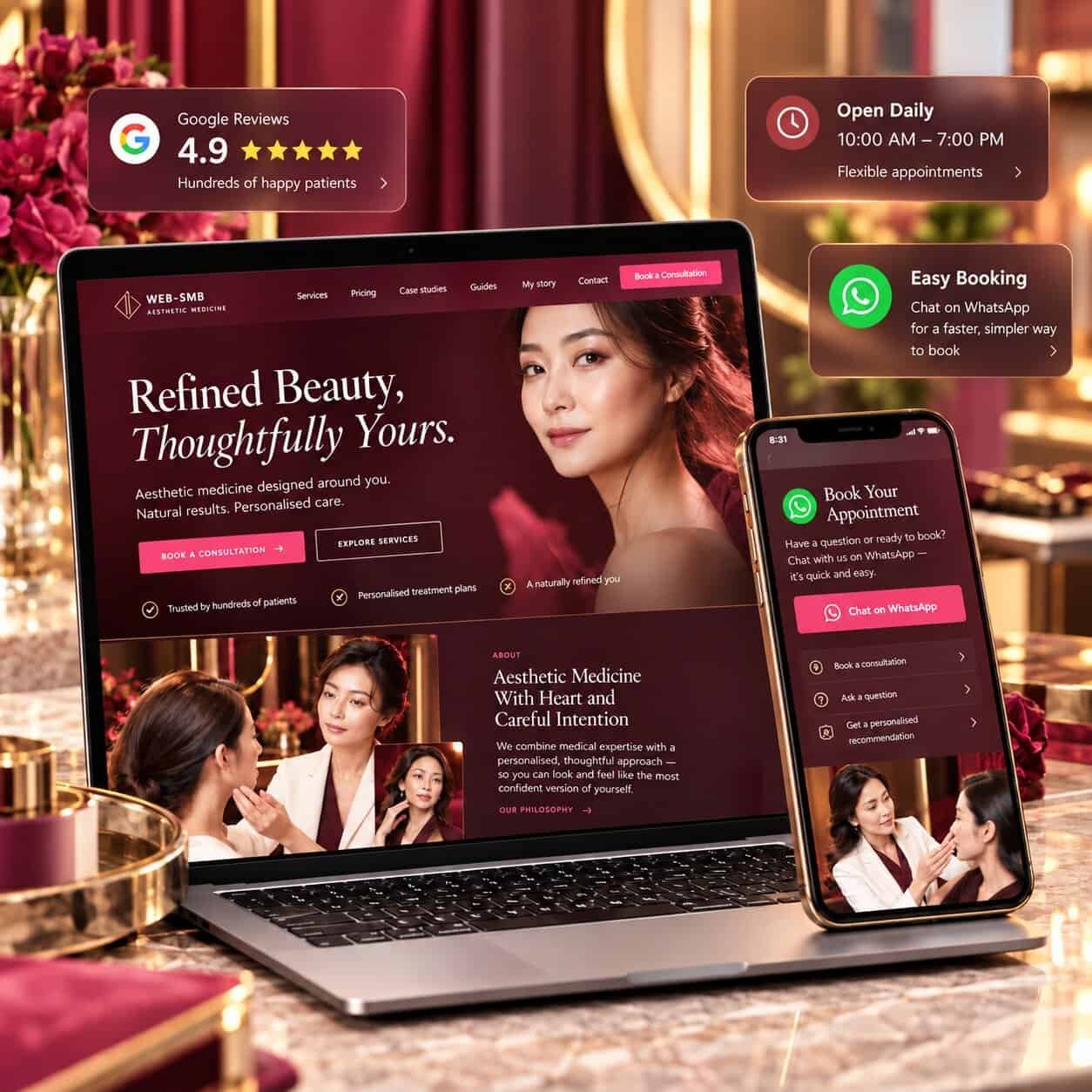 Aesthetic clinic website concept — laptop and phone showing a 4.9 Google Reviews badge, Open Daily hours and a Chat on WhatsApp booking button