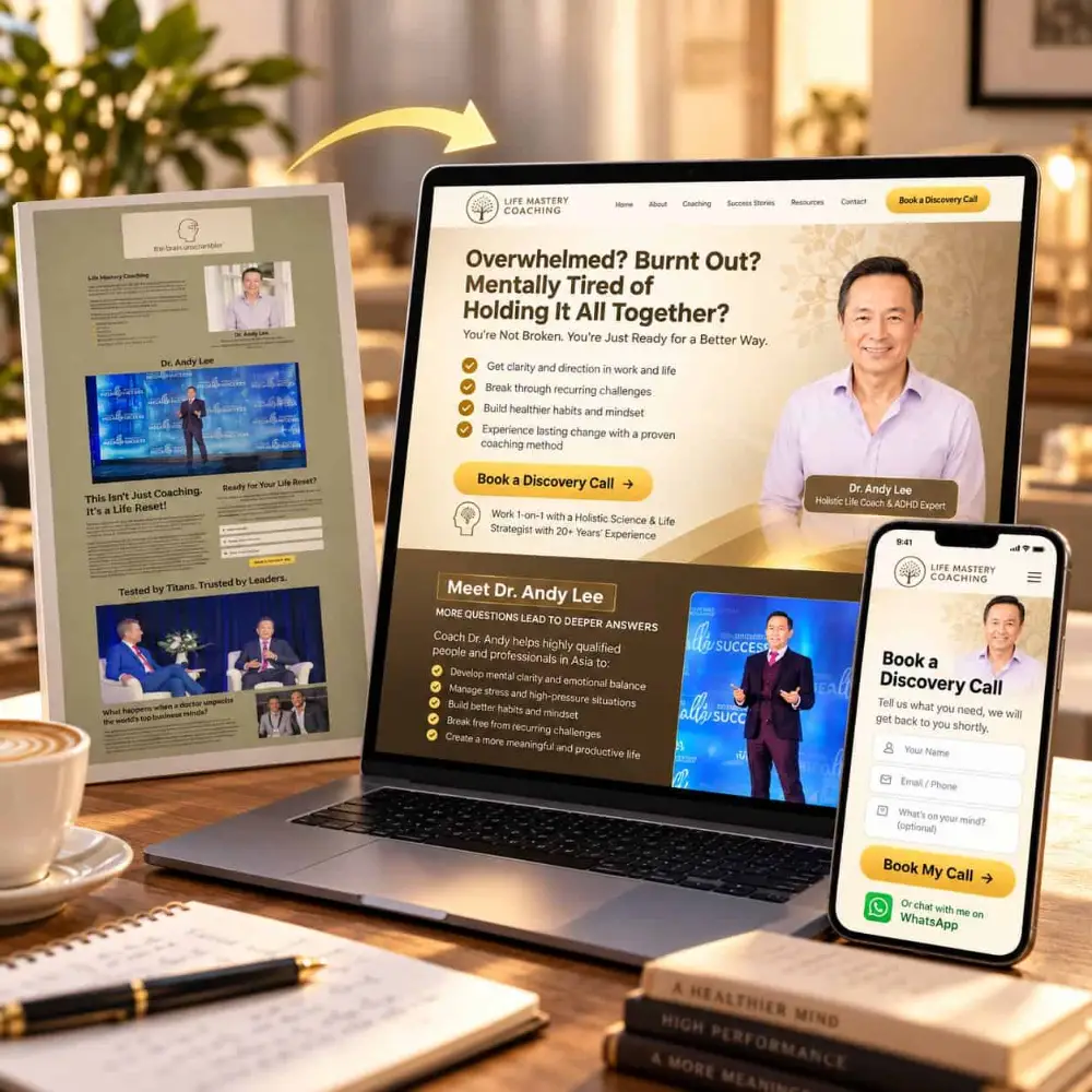 Coach website concept — a cluttered old coaching site beside a laptop showing one outcome-led headline, the coach's photo and a Book a Discovery Call button, with a phone booking form