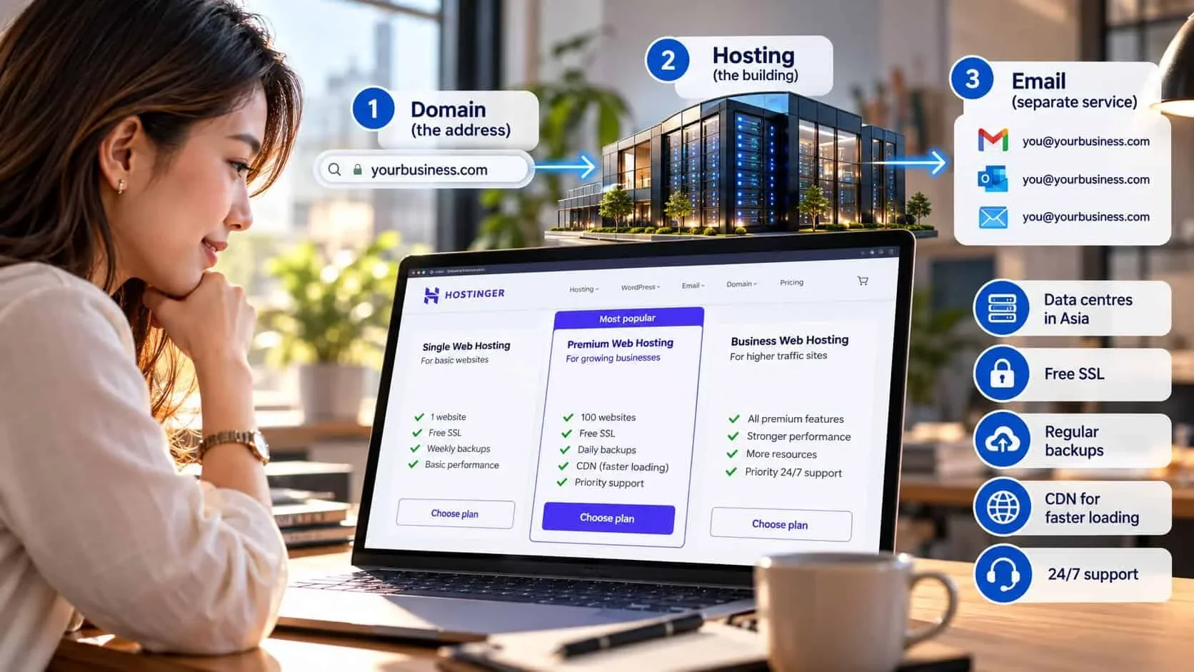 A small business owner comparing Hostinger web hosting plans on a laptop, with what to look for in a host: data centres in Asia, free SSL, regular backups, a CDN for faster loading and 24/7 support, alongside how domain, hosting and email fit together