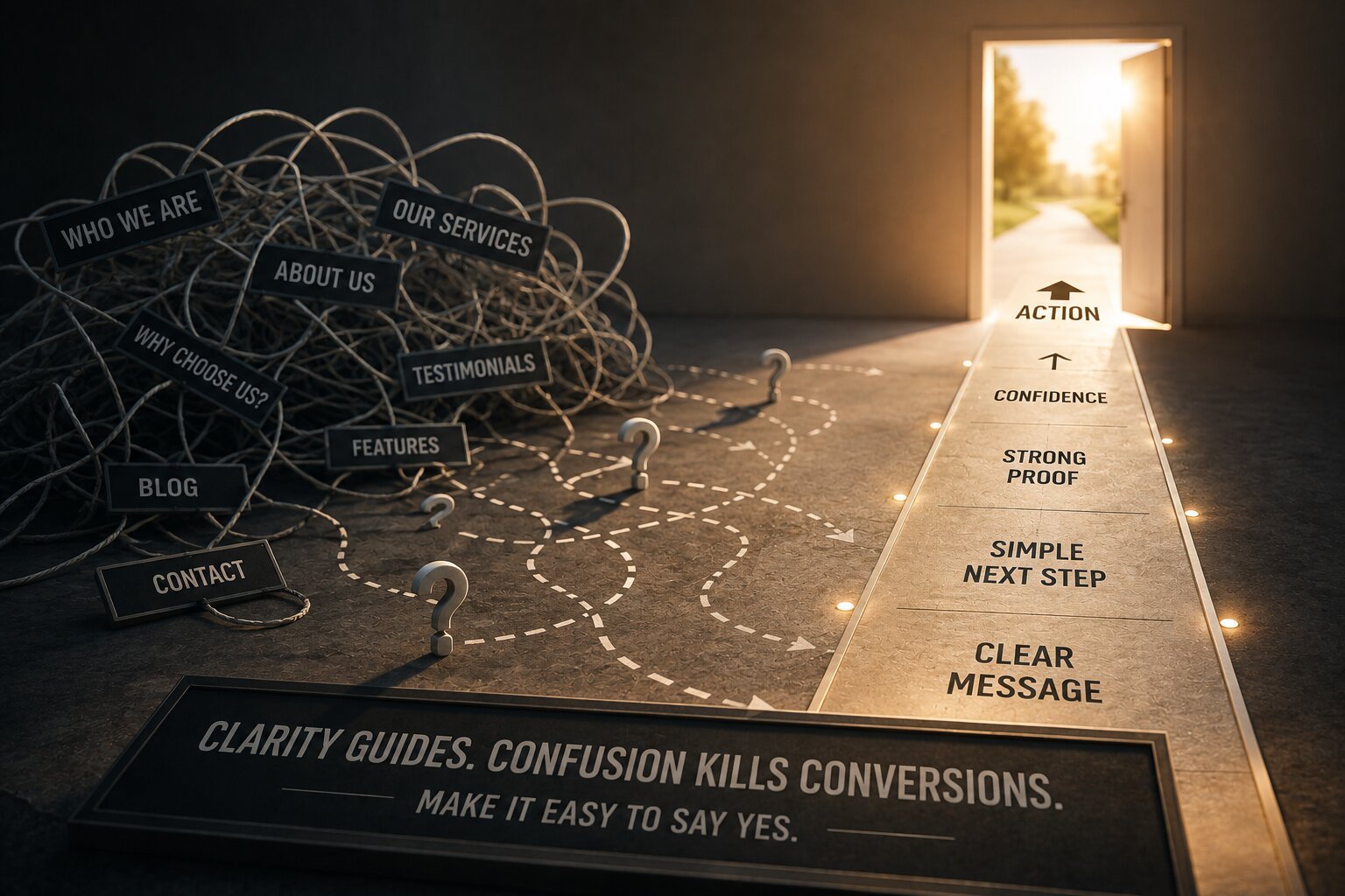 A tangle of competing website links on one side and a lit path reading clear message, simple next step, strong proof, confidence, action leading to an open door