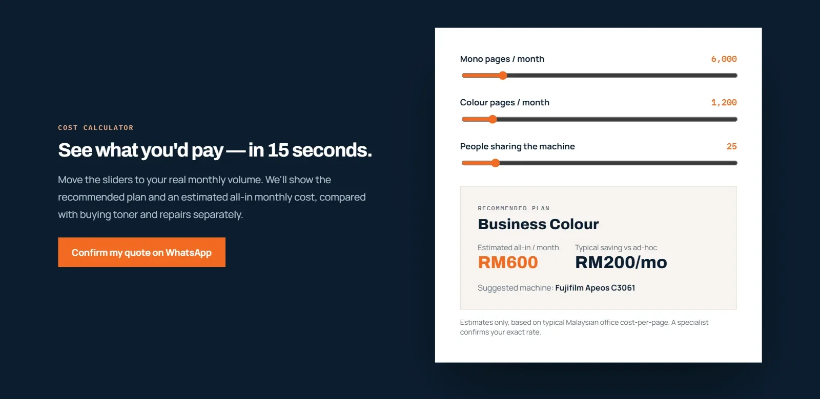 Cost calculator on a dark background with sliders for mono pages, colour pages and people sharing the machine, and a result box showing the recommended plan, an estimated monthly cost and a suggested machine