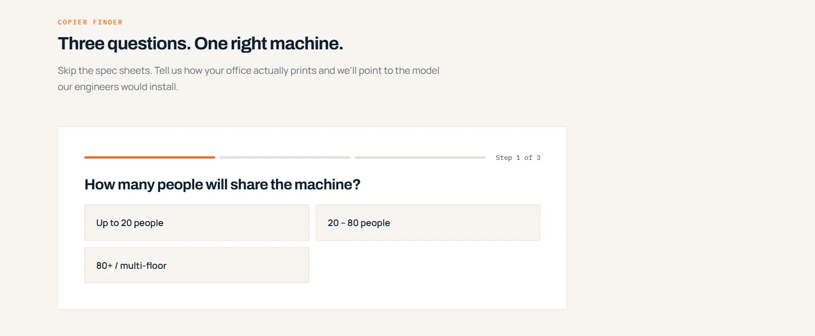 Copier finder headed Three questions. One right machine, showing step 1 of 3: How many people will share the machine, with three answer buttons