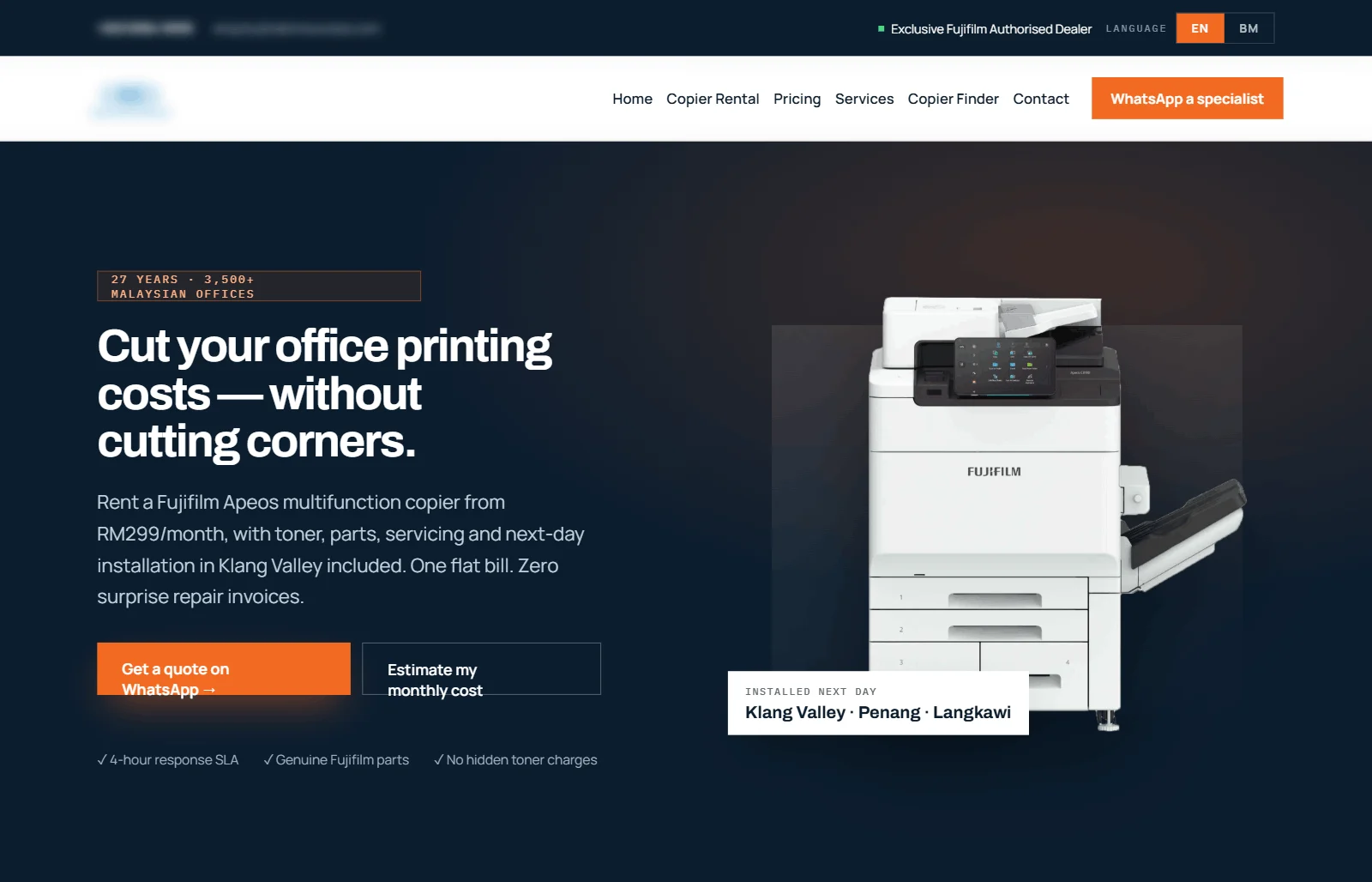 New homepage hero: a dark panel with the headline Cut your office printing costs without cutting corners, an orange Get a quote on WhatsApp button, an Estimate my monthly cost button and three ticks, beside a photo of a Fujifilm copier