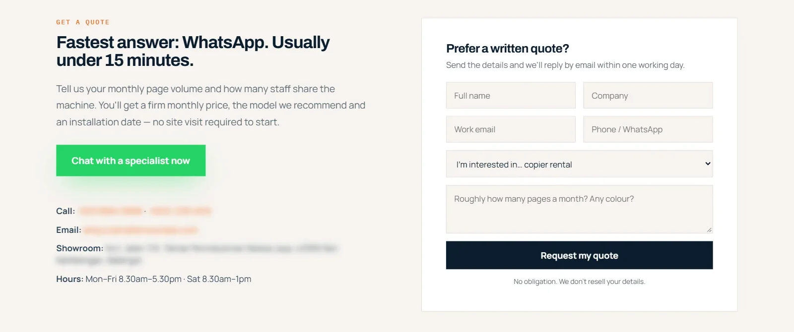 Quote section: on the left, the headline Fastest answer: WhatsApp. Usually under 15 minutes, a green Chat with a specialist now button and blurred contact details; on the right, a written quote form with a pages-per-month box