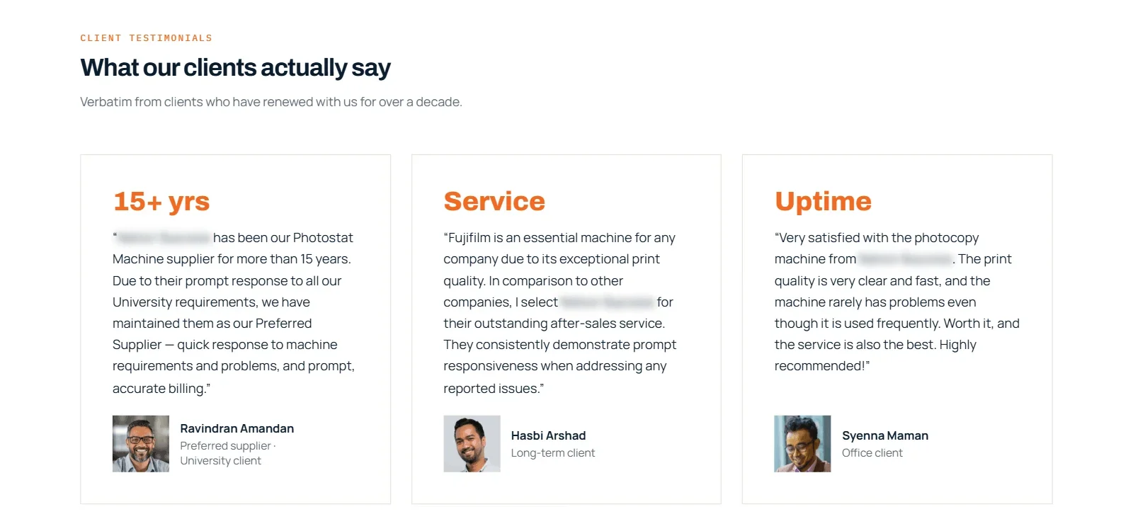 Three testimonial cards headed 15 plus years, Service and Uptime, each with a full quote, a photo and the client’s role