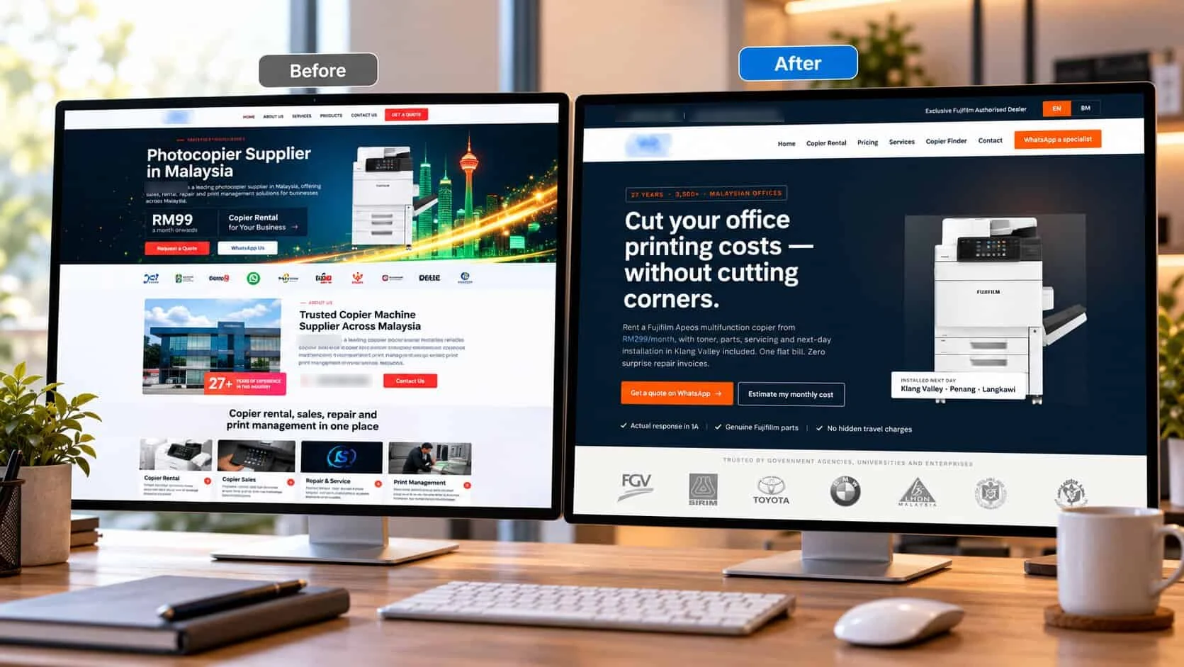 Two monitors on a desk. Before: the old homepage, a slideshow headed Photocopier Supplier in Malaysia with an RM99 price and a copier over a city backdrop. After: the new homepage headed “Cut your office printing costs — without cutting corners”, with a WhatsApp quote button, an Estimate my monthly cost button and a row of client logos