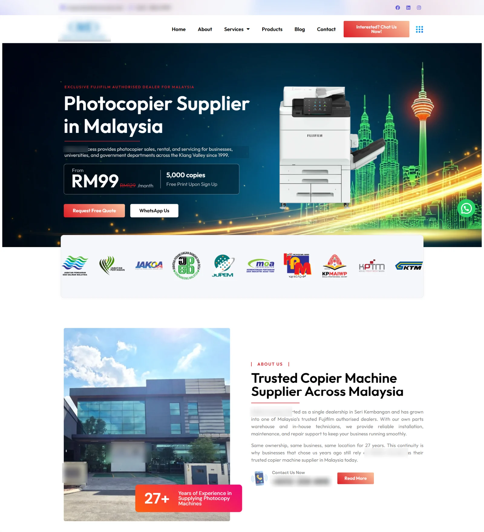 Old homepage: a slideshow hero headed Photocopier Supplier in Malaysia with an RM99 from-price and a copier over a city backdrop, Request Free Quote and WhatsApp Us buttons, a row of client logos, then an About us block with a photo of the office building