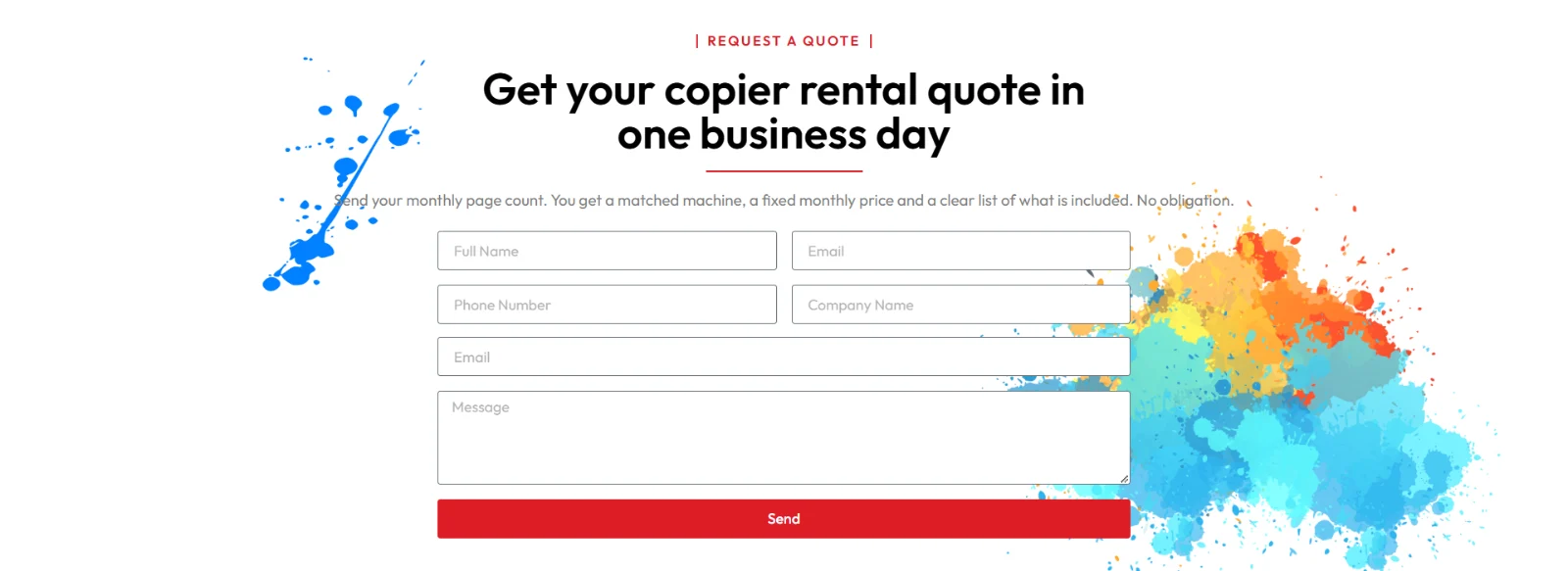 Quote section headed Get your copier rental quote in one business day, with a six-field form for name, email, phone, company, email again and message