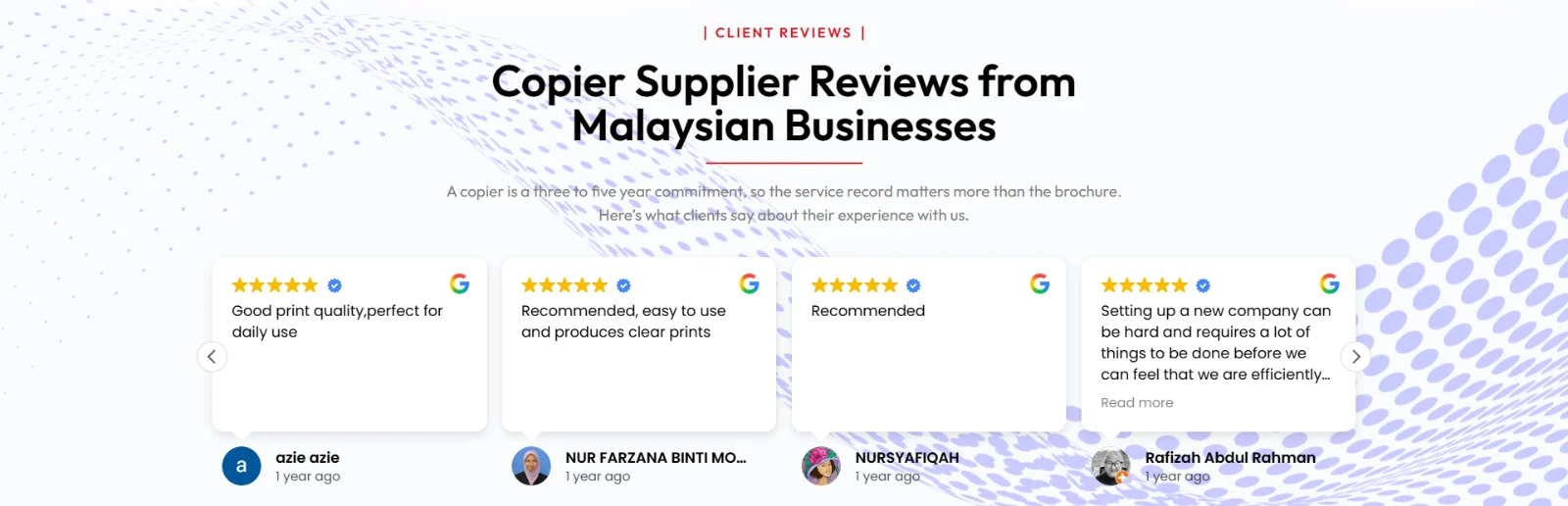 Four Google review cards with five stars, reading Good print quality, Recommended, and Recommended, easy to use