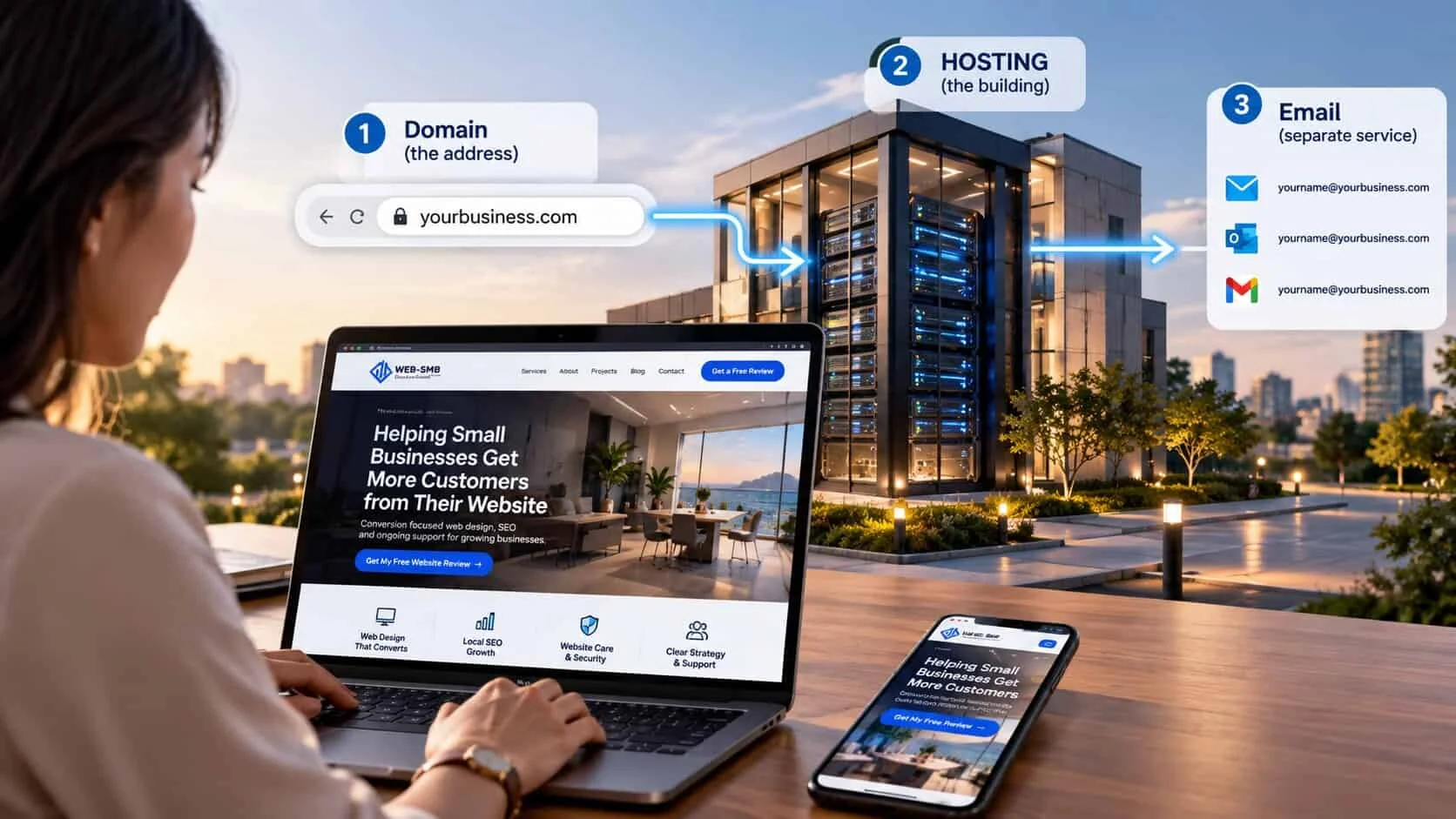 Domain, hosting and email explained for small business: the domain yourbusiness.com is the address, the hosting server building is where the website lives, and business email at yourname@yourbusiness.com is a separate service
