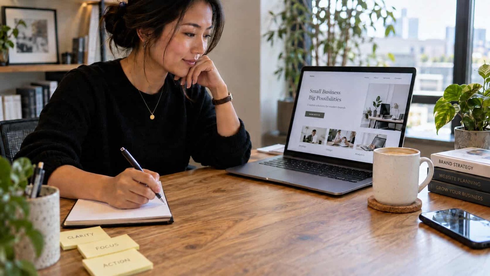A wellness clinic owner writing her website brief at her desk, with four notes for the answers to prepare before hiring a web designer: website goal, target audience, next action and how to measure success