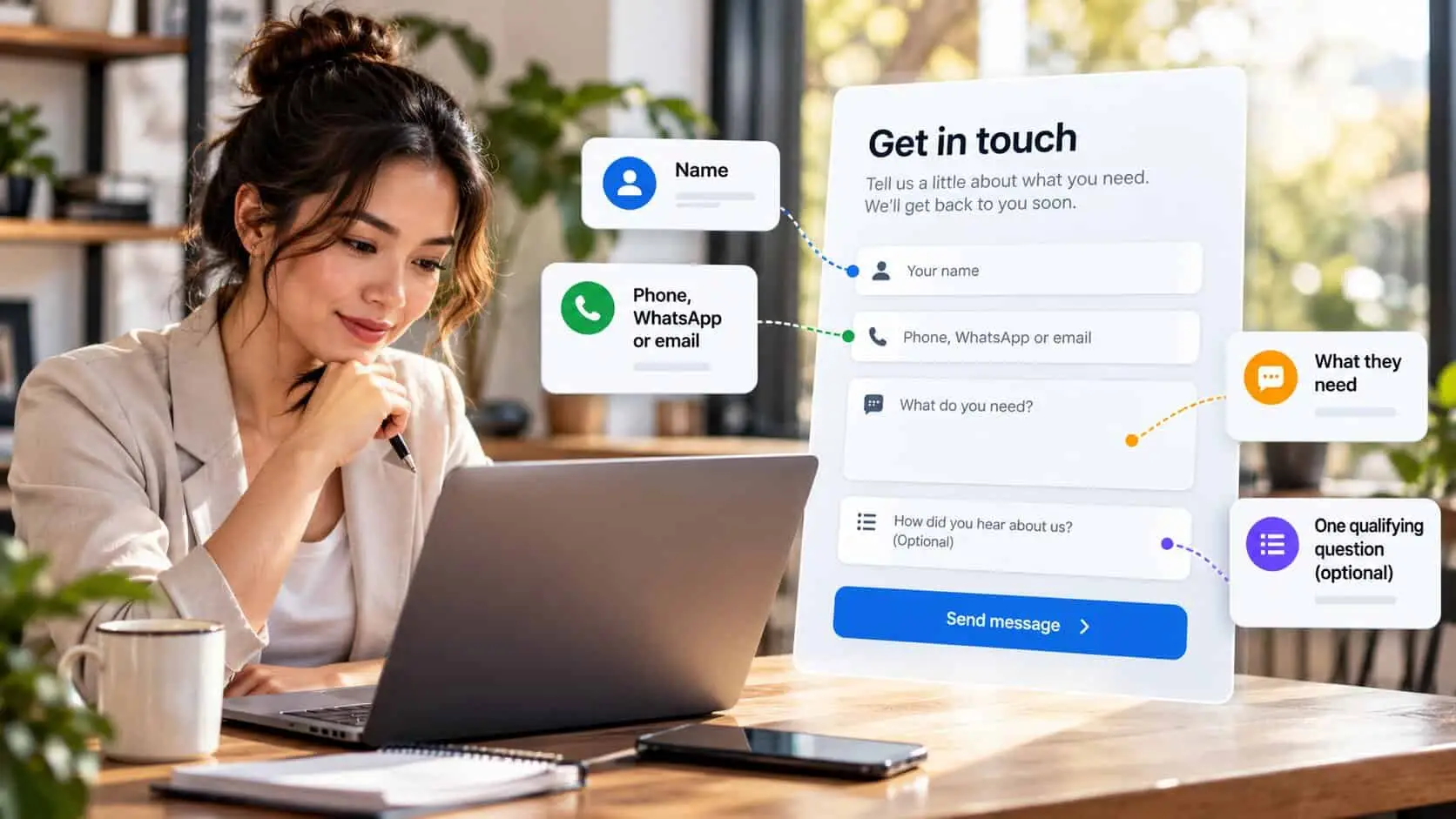 A small business owner at her laptop beside a Get in touch contact form with four fields labelled name, phone WhatsApp or email, what they need, and one optional qualifying question, above a Send message button