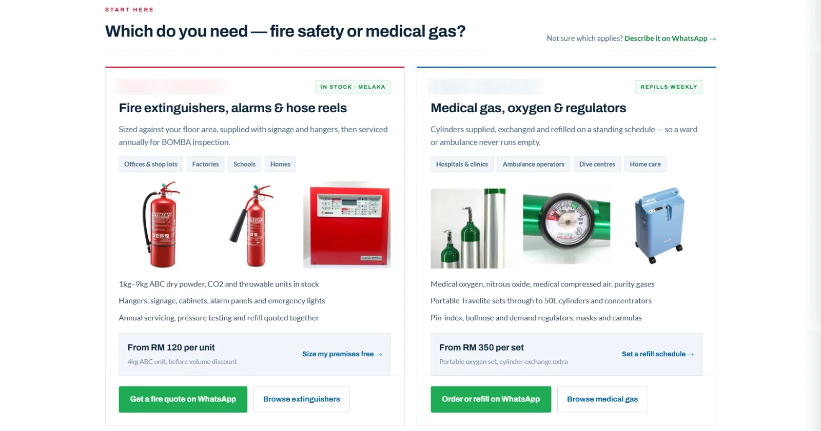 Two cards side by side: fire extinguishers, alarms and hose reels on the left, medical gas, oxygen and regulators on the right, each with customer types, product photos, a from-price and a green WhatsApp button