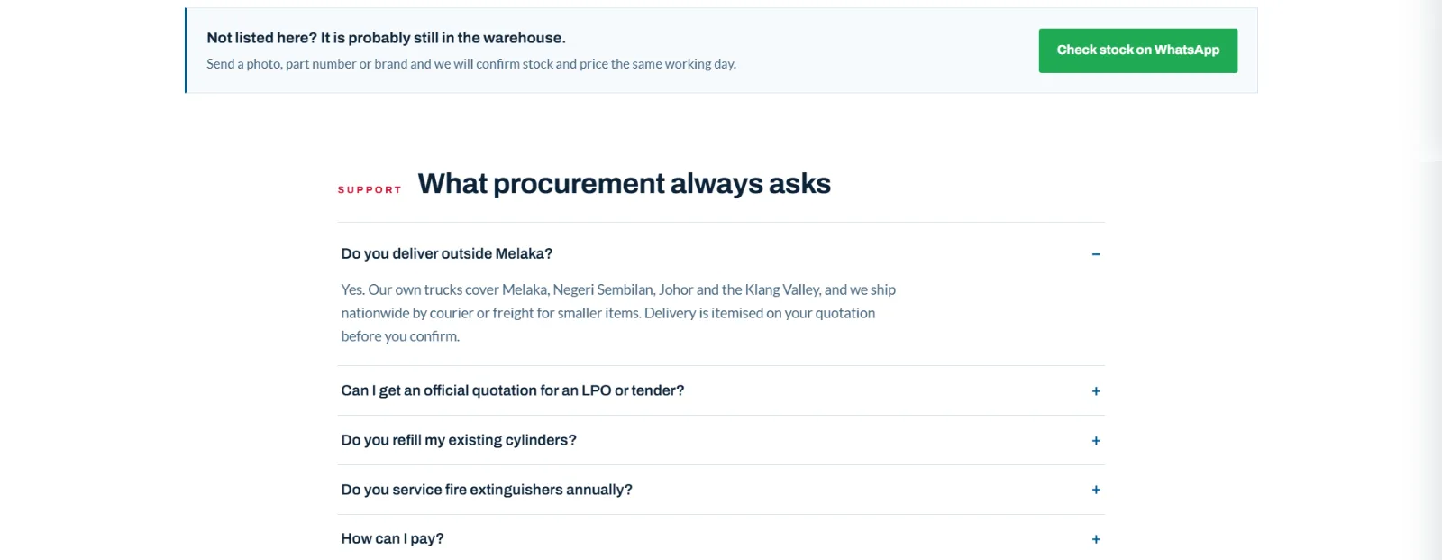 A Not listed here bar with a Check stock on WhatsApp button, above an FAQ titled What procurement always asks