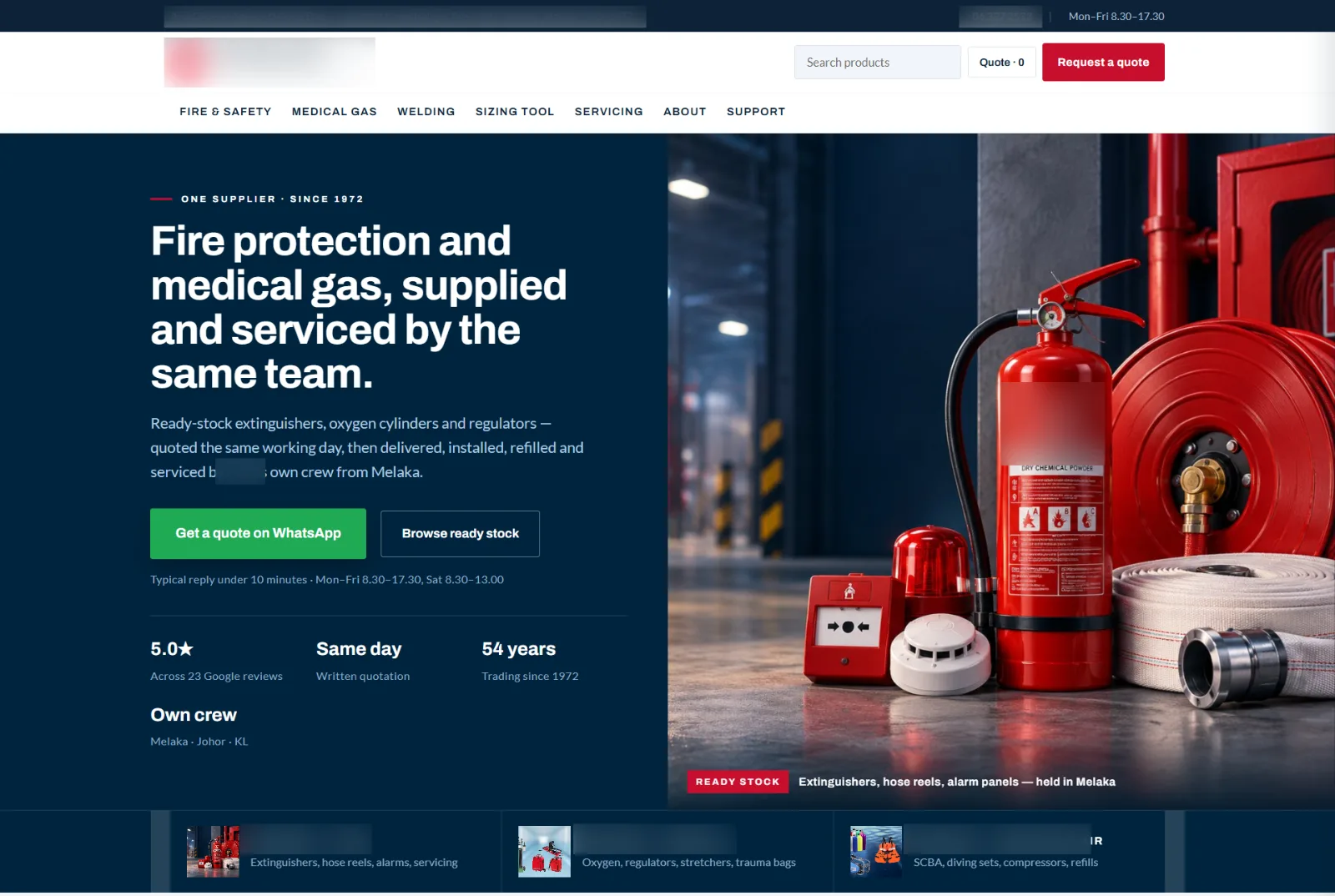 New homepage hero: a dark panel with the headline, a green Get a quote on WhatsApp button, a Browse ready stock button and four proof figures, beside a photo of extinguishers and hose reels