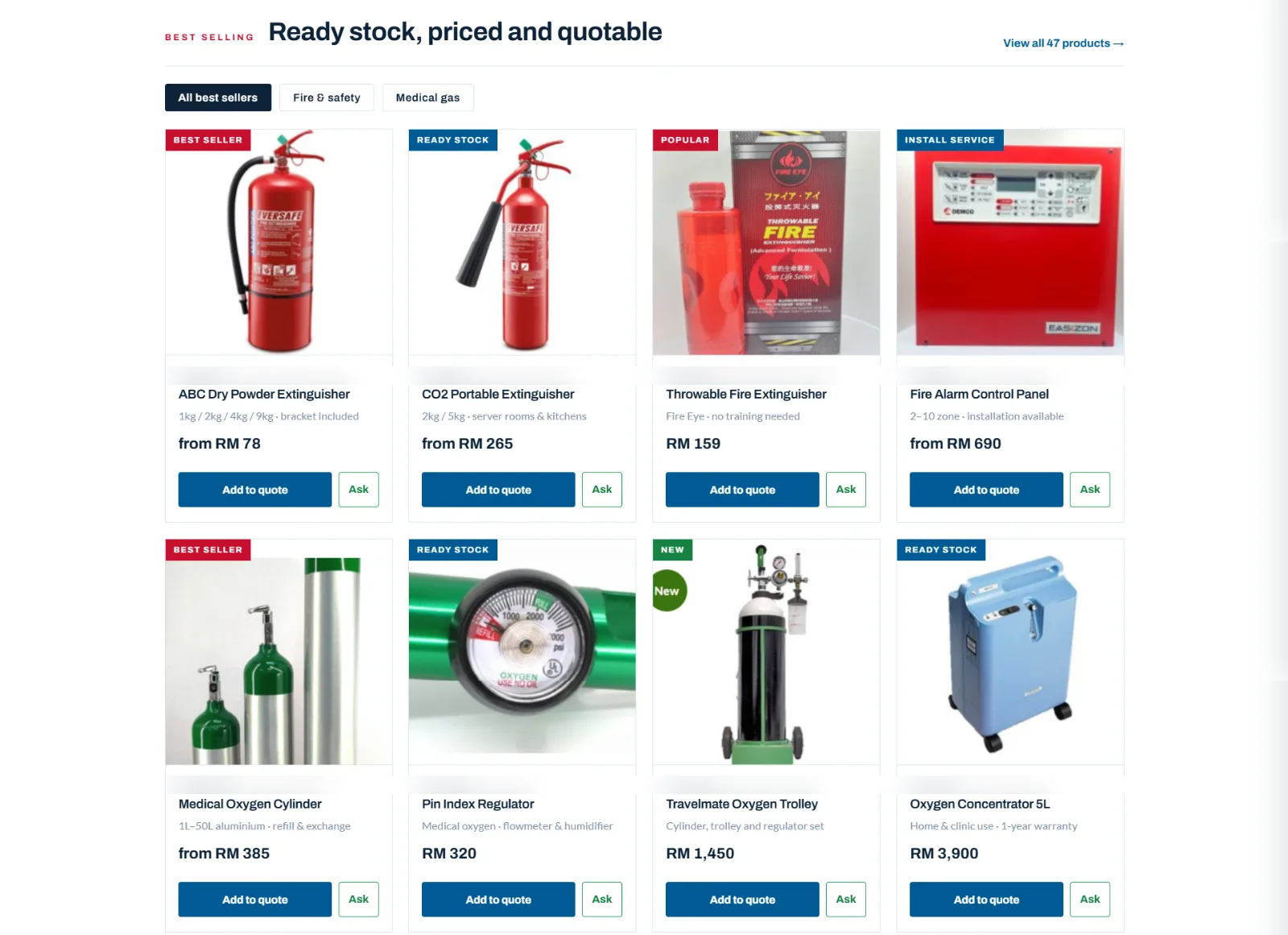 Grid of eight best-selling products — extinguishers, an alarm panel, oxygen cylinders, a regulator, a trolley and a concentrator — each with a from-price, an Add to quote button and an Ask button