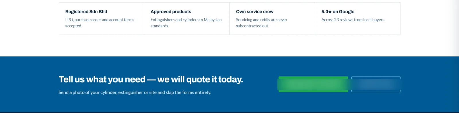 Four trust boxes — registered Sdn Bhd, approved products, own service crew, Google rating — above a blue band with a quote-today headline and two blurred contact buttons