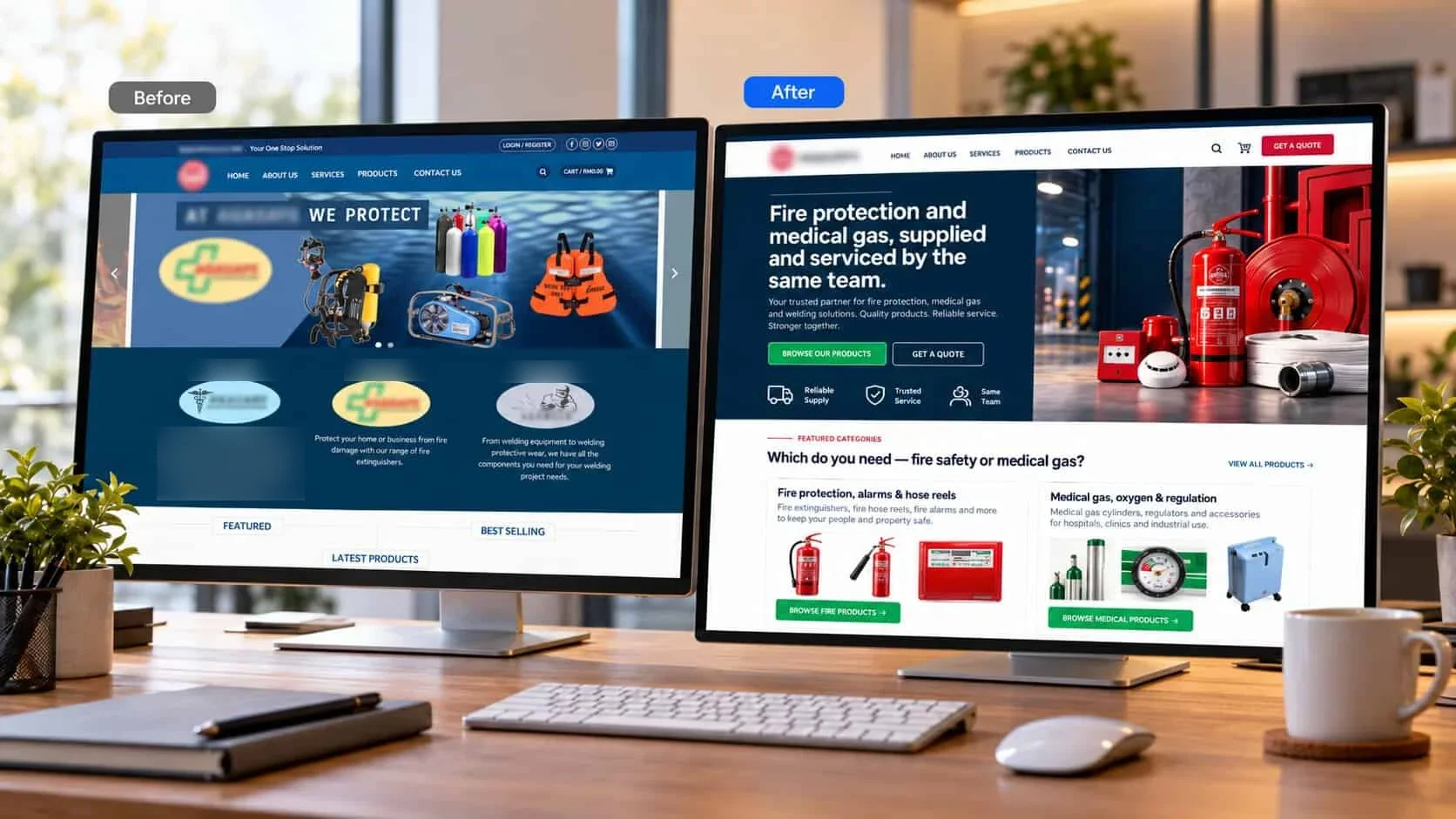 Two monitors on a desk. Before: the old homepage with a rotating banner and three blurred division logos. After: the new homepage headed “Fire protection and medical gas, supplied and serviced by the same team”, with quote buttons and a choice between fire safety and medical gas