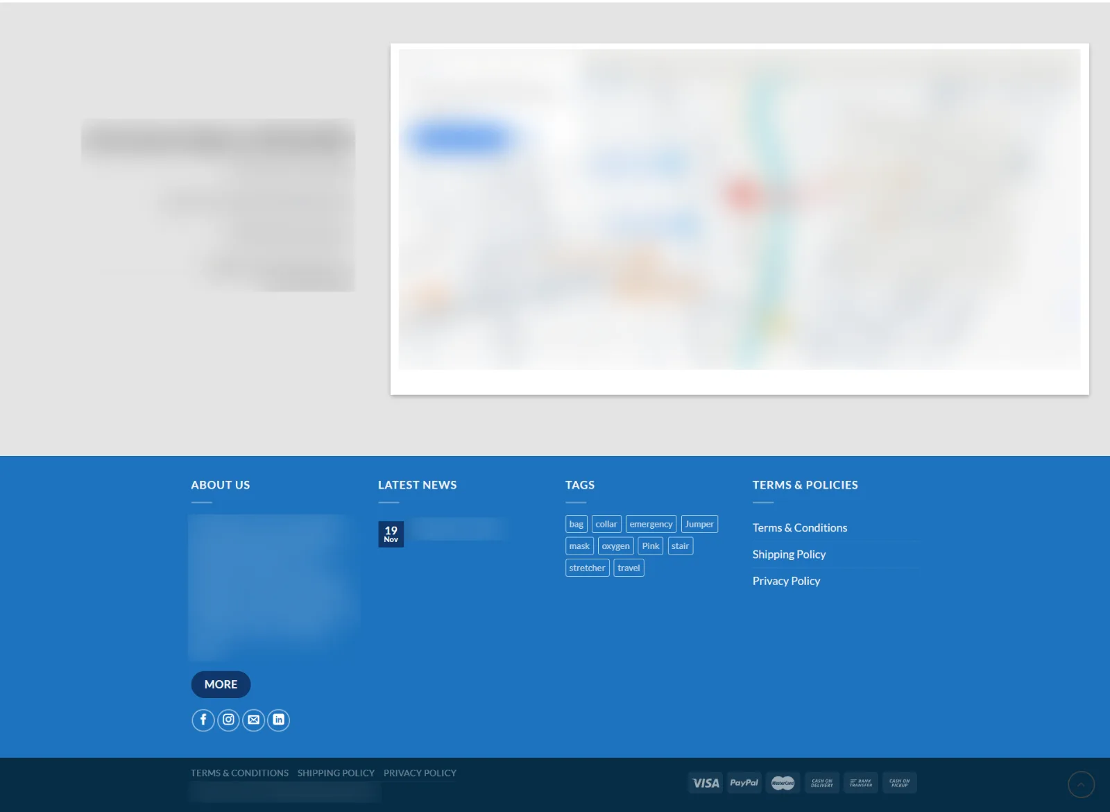 Old footer: a blurred address and map, a single news post, product tags such as Pink and Jumper, and policy links