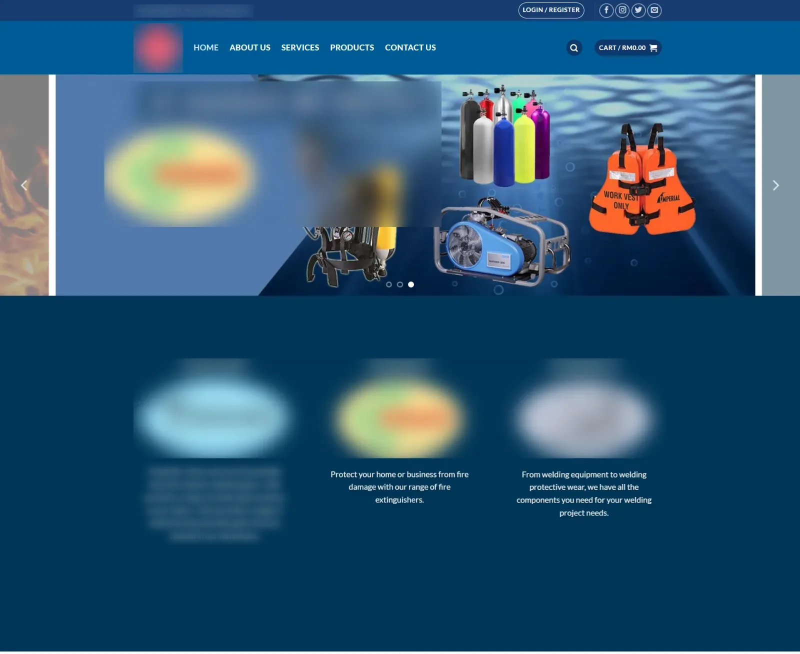 Old homepage: a rotating banner, a navigation bar with login and cart, and three blurred division logos with short descriptions