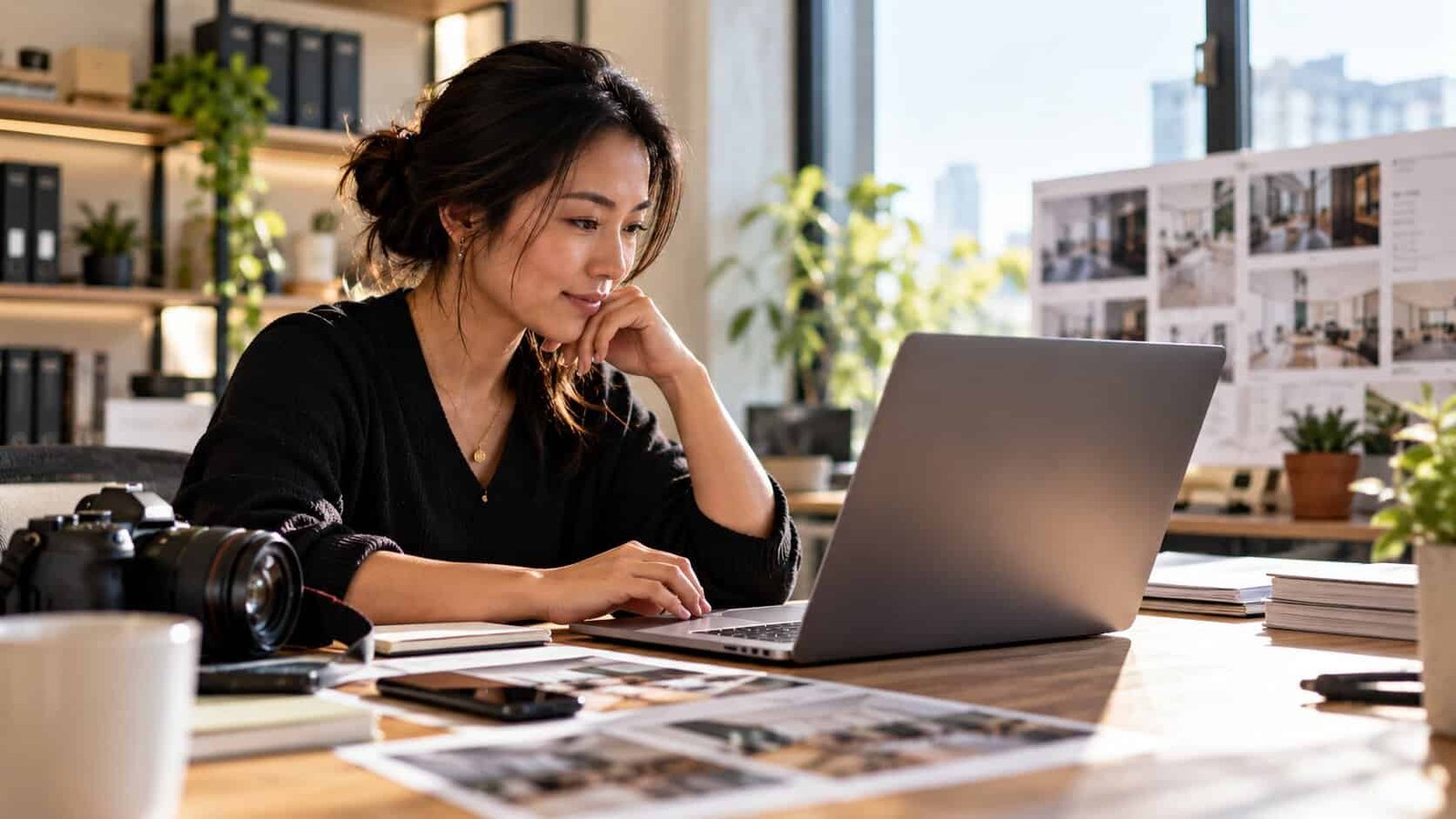 A small business owner and her web designer reviewing gathered website content together: a mood board of real photos, a printed photo sheet and a website plan listing home page, services, about, case studies, FAQ and contact