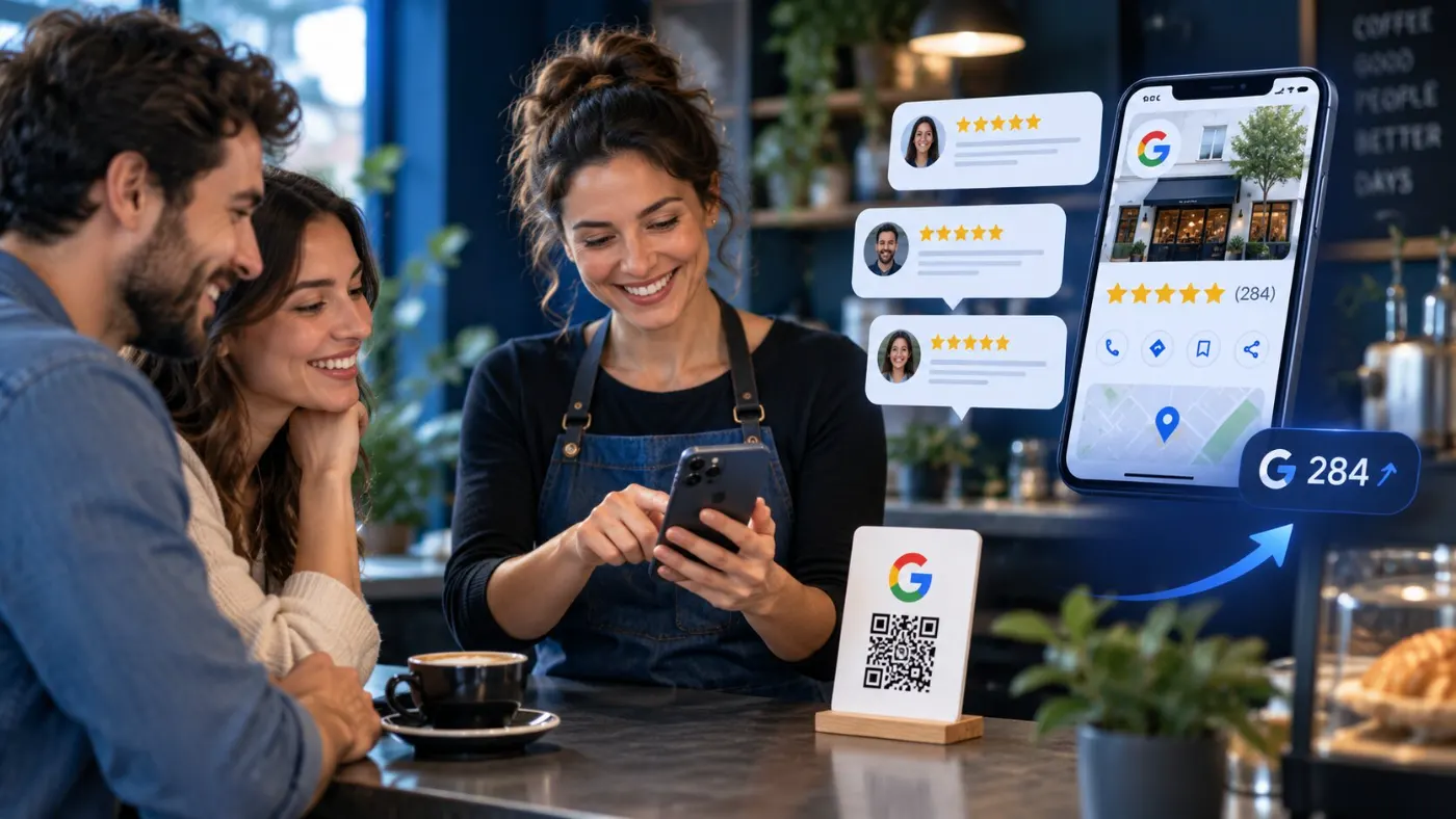 A café owner showing her phone to two smiling customers at the counter beside a Google review QR code card, with a Google Business Profile listing whose review count is rising