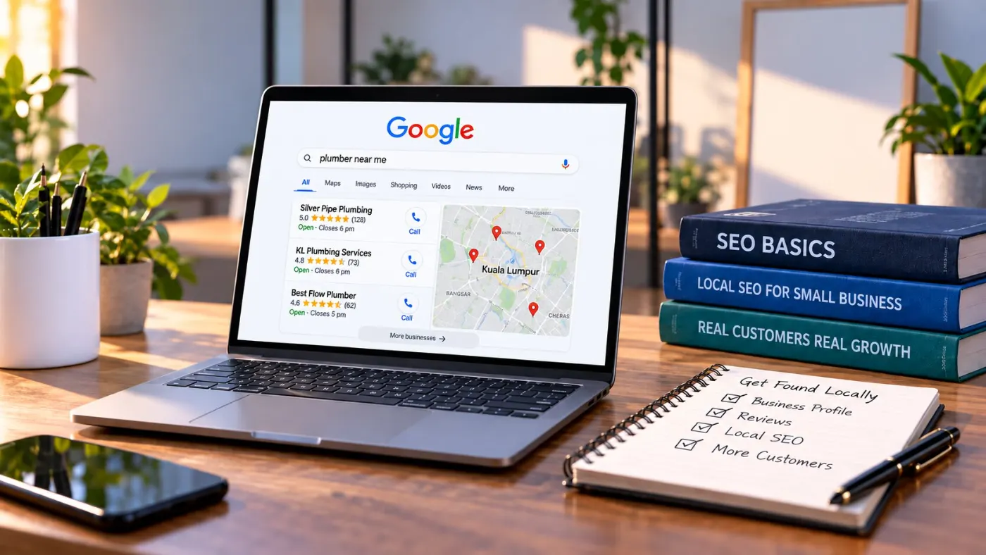 A laptop showing a plumber near me search with three map listings ranked by star rating and review count, beside a notebook checklist reading Business Profile, Reviews, Local SEO, More Customers
