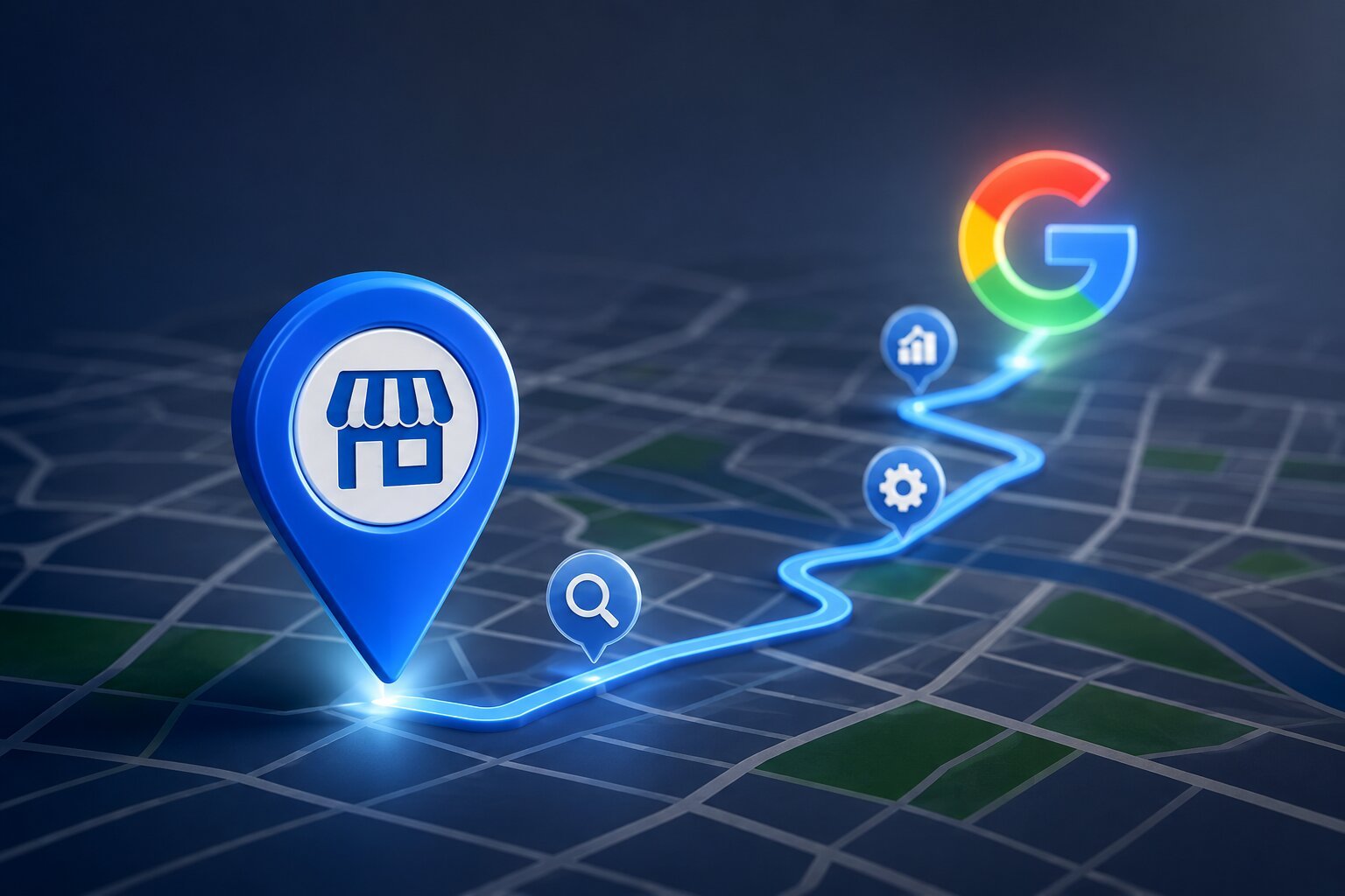 A blue Google Business Profile map pin lit up on a dark city street map with a glowing route running through search, settings and insights markers to the Google logo