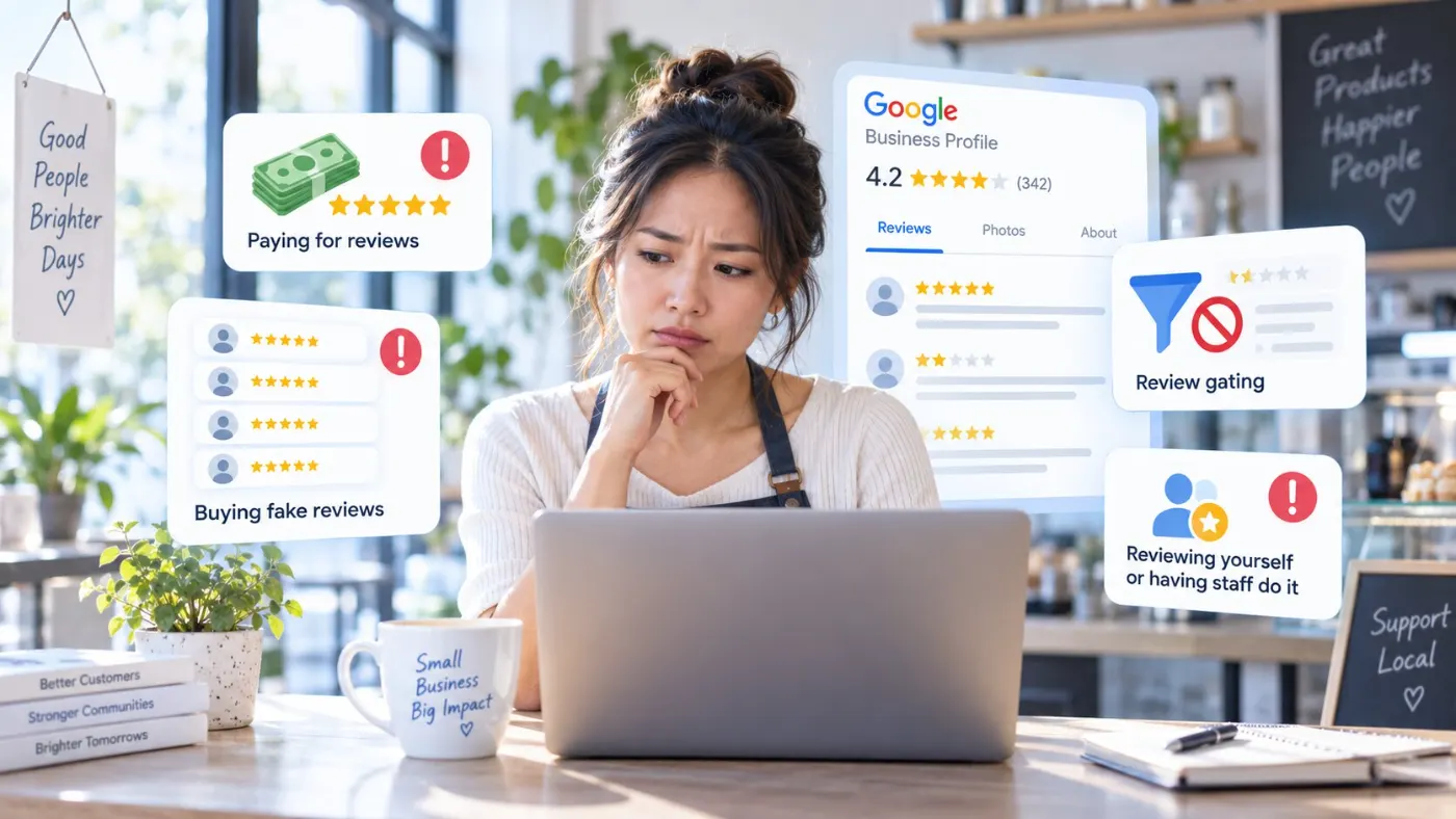 A worried café owner at her laptop looking at her Google Business Profile reviews, surrounded by warning cards for the four review shortcuts that breach Google policy — paying for reviews, buying fake reviews, review gating, and reviewing your own business or having staff do it