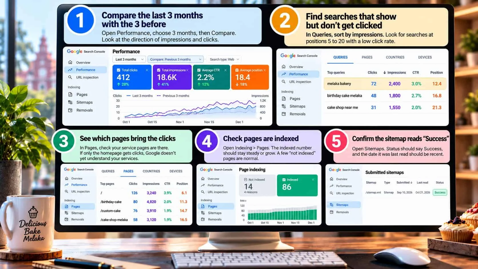 The 5 monthly Search Console checks on one screen for an illustrative Melaka bakery: compare 3 months (412 clicks, 18.6K impressions), queries sorted by impressions, top pages, 86 pages indexed and 14 not indexed, and a sitemap with status Success